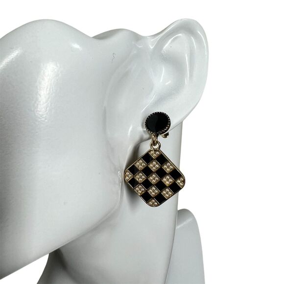 Earring Black and Golden Checkerboard Patterned Trendy Earrings Gambit  Baddie - Picture 2 of 9